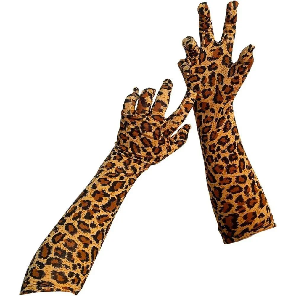 Women's Classic Satin Leopard Above Elbow Gloves Stretchy Soft Cosplay Costume
